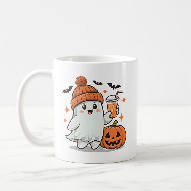 Ghost, Bats, Pumpkin And Drink, Cute Halloween Coffee Mug (Left)
