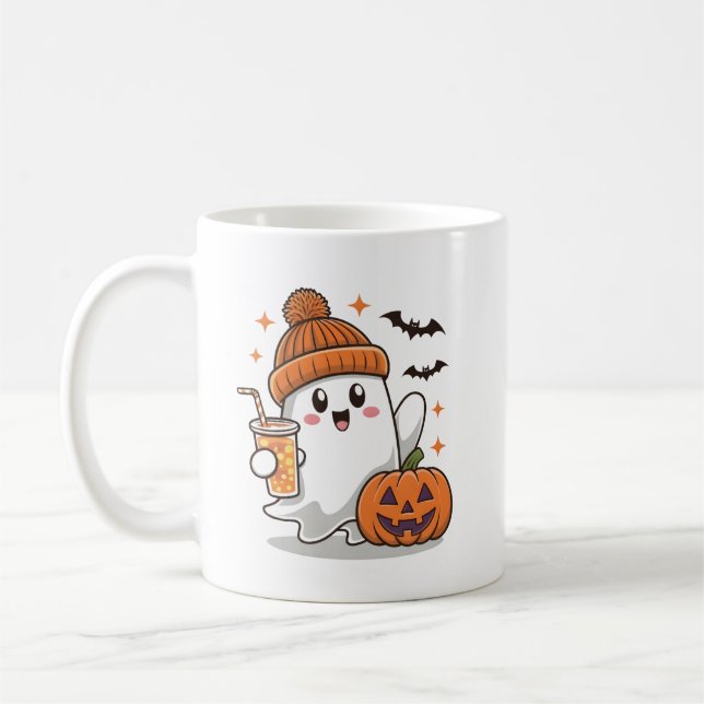 Ghost, Bats, Pumpkin And Drink, Cute Halloween Coffee Mug (Left)