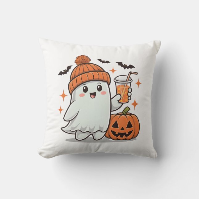 Ghost, Bats, Pumpkin And Drink, Cute Halloween Cushion (Front)