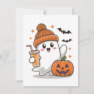 Ghost, Bats, Pumpkin And Drink, Cute Halloween Holiday Card