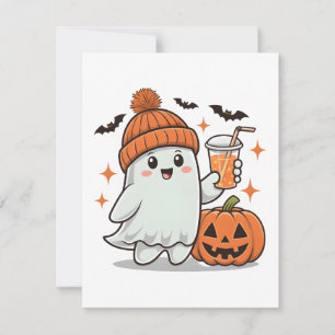 Ghost, Bats, Pumpkin And Drink, Cute Halloween Holiday Card