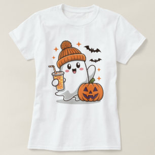 Ghost, Bats, Pumpkin And Drink, Cute Halloween T-Shirt