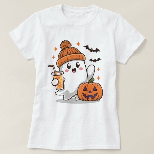 Ghost, Bats, Pumpkin And Drink, Cute Halloween T-Shirt (Design Front)