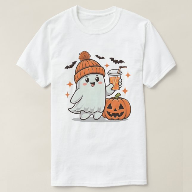 Ghost, Bats, Pumpkin And Drink, Cute Halloween T-Shirt (Design Front)