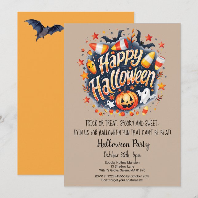 Ghost Bats Trick or Treat Pumpkin Halloween Party  Invitation (Front/Back)