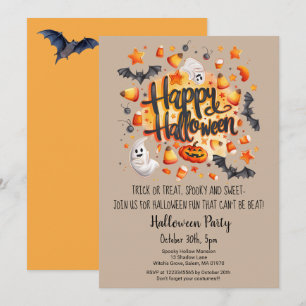 Ghost Bats Trick or Treat Pumpkin Halloween Party Invitation