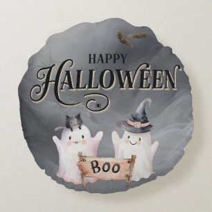 Ghost Black BOO Halloween Round Throw Pillow