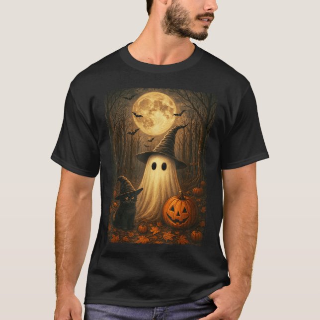 Ghost Black Cat Halloween Witch Pumpkin Dark Fores T-Shirt (Front)
