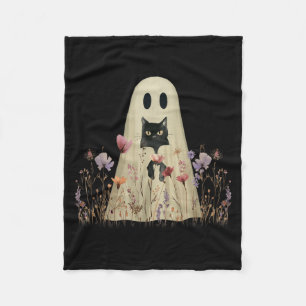 Ghost Black Cat In Wildflowers Aesthetic Halloween Fleece Blanket