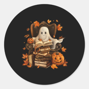 Ghost Book Reading Pumpkin Gothic Halloween Teache Classic Round Sticker