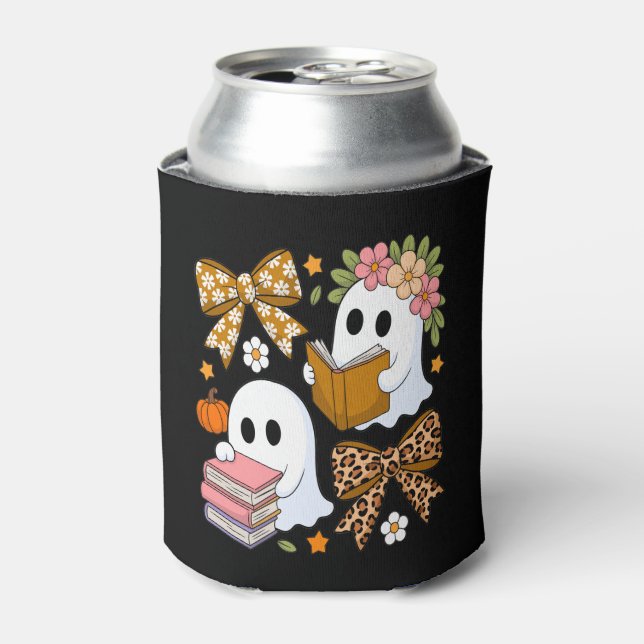 Ghost Books Halloween Floral Fall Halloween Can Cooler (Can Front)