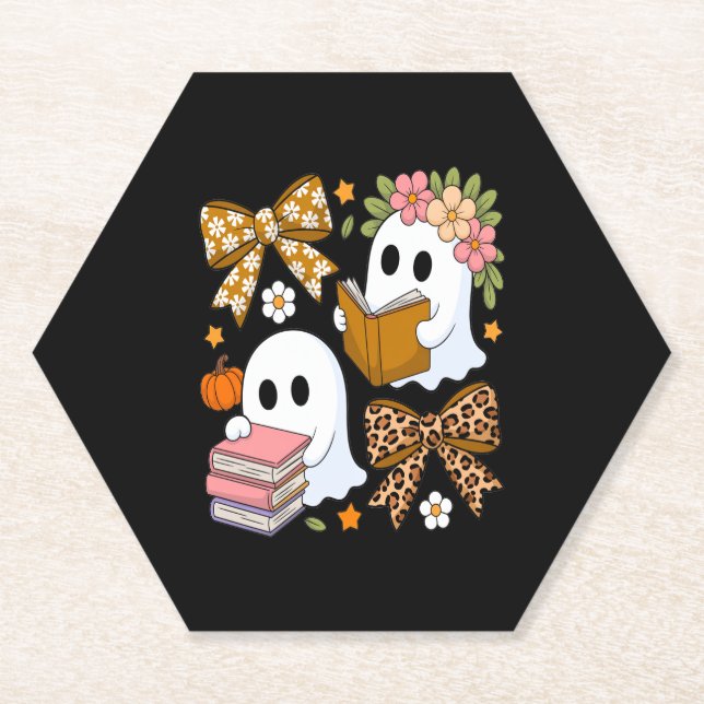 Ghost Books Halloween Floral Fall Halloween Paper Coaster (Front)