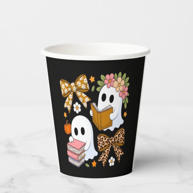 Ghost Books Halloween Floral Fall Halloween Paper Cups (Front)
