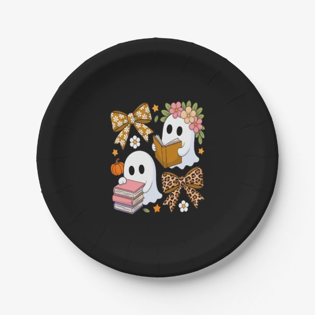 Ghost Books Halloween Floral Fall Halloween Paper Plate (Front)