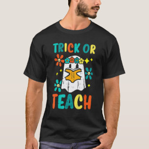 Ghost Books Trick Or Teach Retro Groovy Halloween T-Shirt