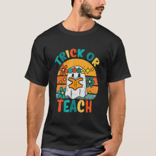 Ghost Books Trick Or Teach Retro Groovy Halloween T-Shirt