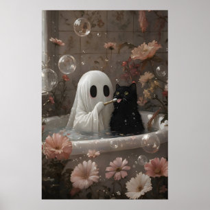 Ghost Brushing Cat Teeth In Bathtub Print, Vintage Poster