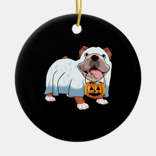 Ghost Bulldog Halloween Dog Ceramic Tree Decoration (Front)