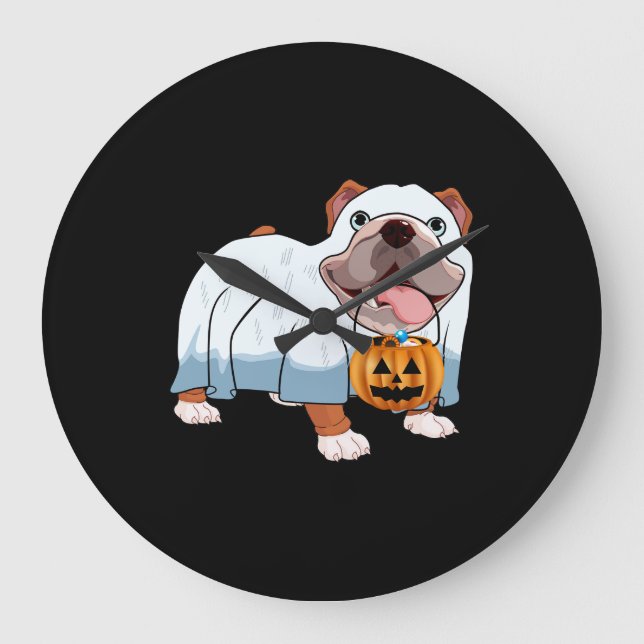Ghost Bulldog Halloween Dog Large Clock (Front)
