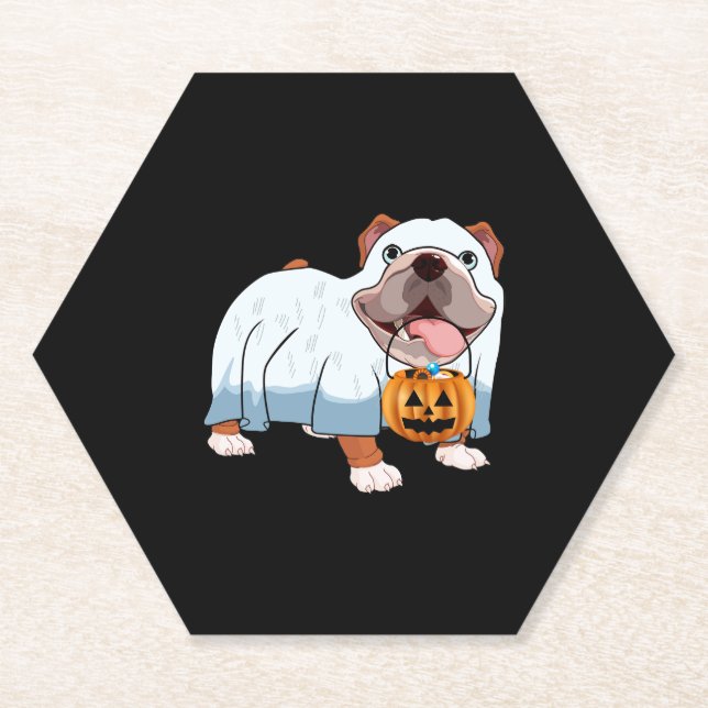 Ghost Bulldog Halloween Dog Paper Coaster (Front)