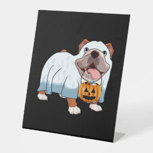 Ghost Bulldog Halloween Dog Pedestal Sign