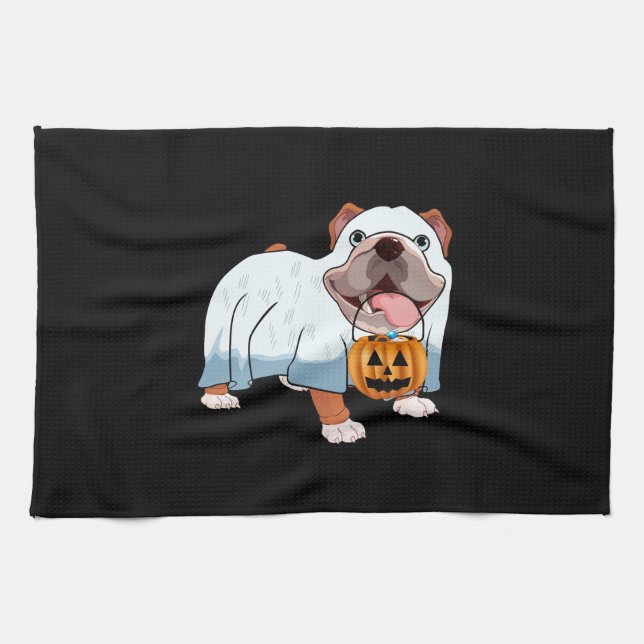 Ghost Bulldog Halloween Dog Tea Towel (Horizontal)
