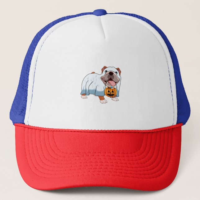 Ghost Bulldog Halloween Dog Trucker Hat (Front)