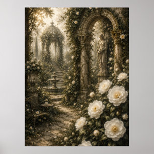 Ghost Camellia Sanctuary Vintage Botanical Art Poster