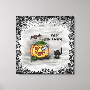 Ghost , Cat , Bat and Pumpkin , Happy Halloween! Canvas Print