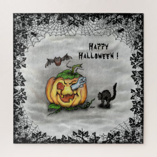 Ghost , Cat , Bat and Pumpkin , Happy Halloween! Jigsaw Puzzle