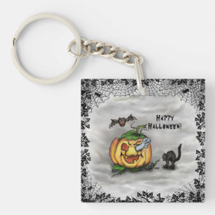 Ghost , Cat , Bat and Pumpkin , Happy Halloween! Key Ring