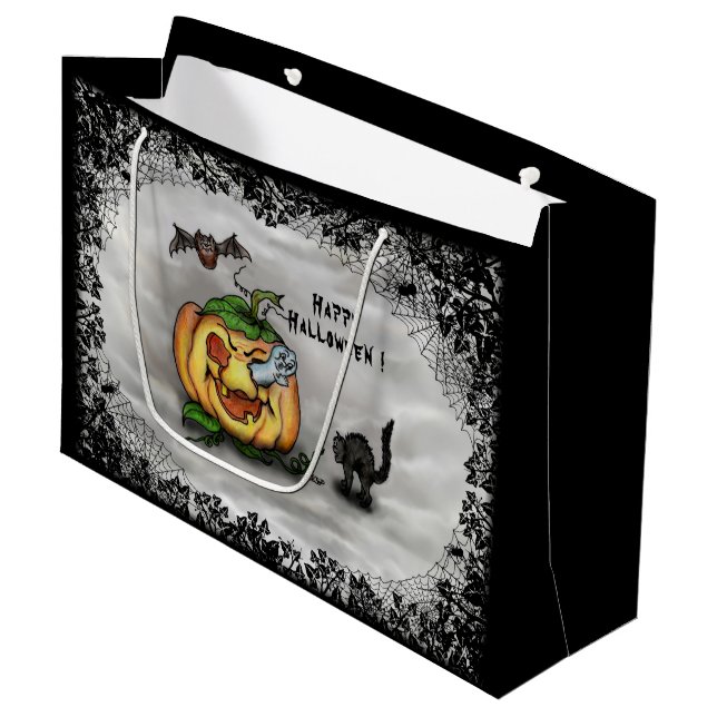 Ghost , Cat , Bat and Pumpkin , Happy Halloween! Large Gift Bag (Front Angled)