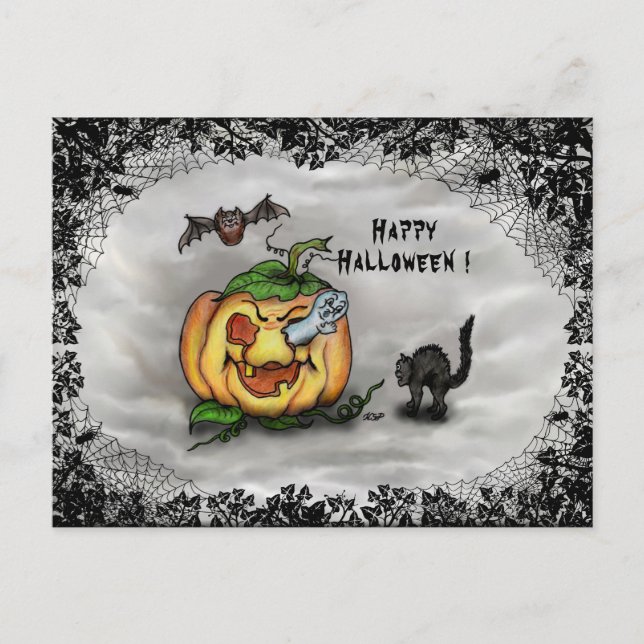 Ghost , Cat , Bat and Pumpkin , Happy Halloween! Postcard (Front)
