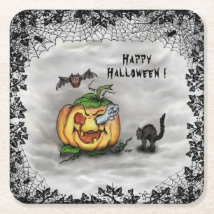 Ghost , Cat , Bat and Pumpkin , Happy Halloween! Square Paper Coaster
