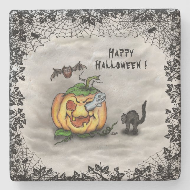 Ghost , Cat , Bat and Pumpkin , Happy Halloween! Stone Coaster (Front)