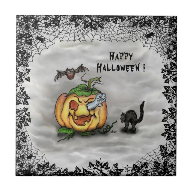 Ghost , Cat , Bat and Pumpkin , Happy Halloween! Tile (Front)