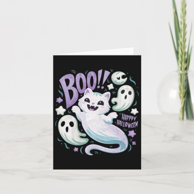 Ghost Cat Boo Kitty Halloween  Card (Front)