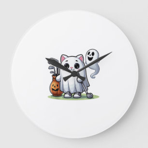 Ghost Cat Golf Pumpkin Halloween. Tank Top Large Clock