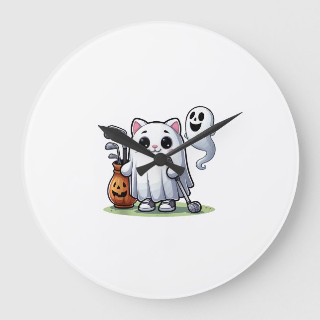Ghost Cat Golf Pumpkin Halloween. Tank Top Large Clock (Front)