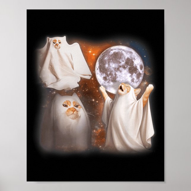 Ghost Cat Howling at Moon Weird Halloween Funny Poster (Front)