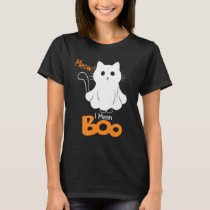 Ghost Cat Meow I Mean Boo Pumpkin Moon Halloween T-Shirt