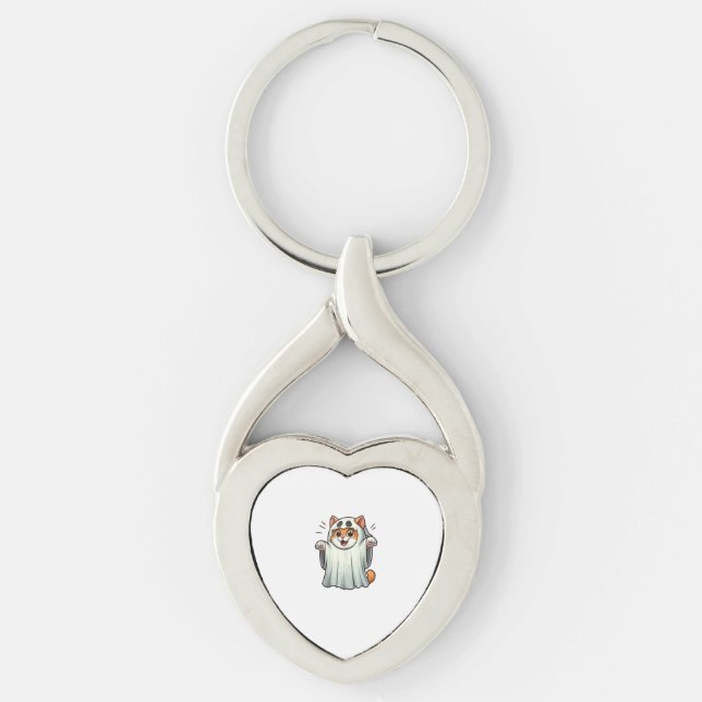 Ghost Cat Pumpkin Halloween. Tank Top Key Ring (Front)