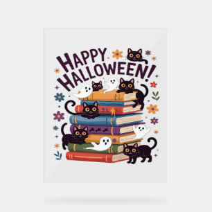 Ghost Cat Reading Books Lover Gifts Halloween Spoo Acrylic Sign