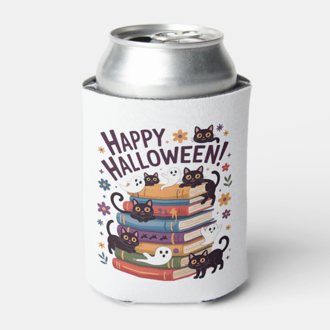 Ghost Cat Reading Books Lover Gifts Halloween Spoo Can Cooler (Can Front)