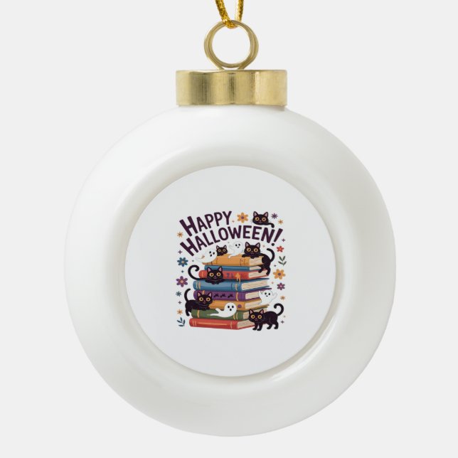 Ghost Cat Reading Books Lover Gifts Halloween Spoo Ceramic Ball Christmas Ornament (Front)