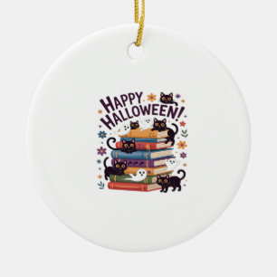 Ghost Cat Reading Books Lover Gifts Halloween Spoo Ceramic Tree Decoration
