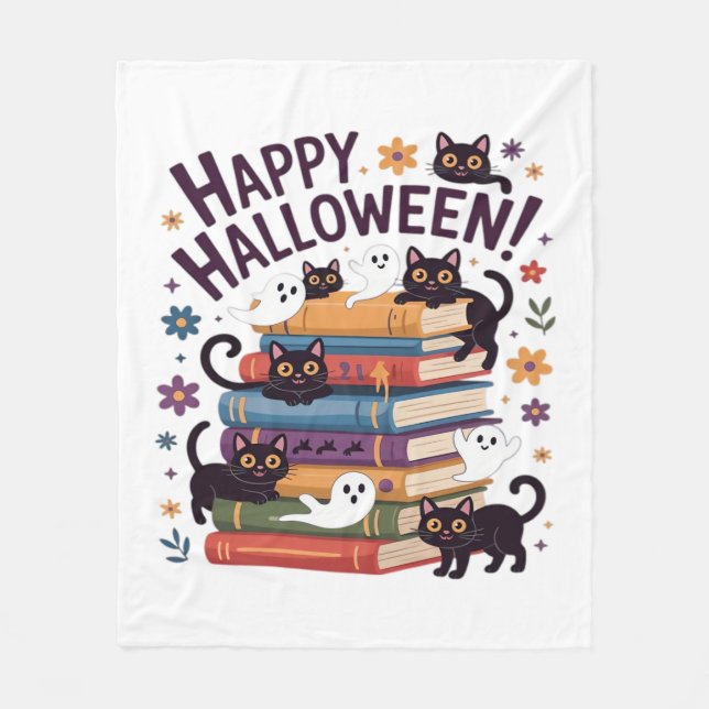 Ghost Cat Reading Books Lover Gifts Halloween Spoo Fleece Blanket (Front)