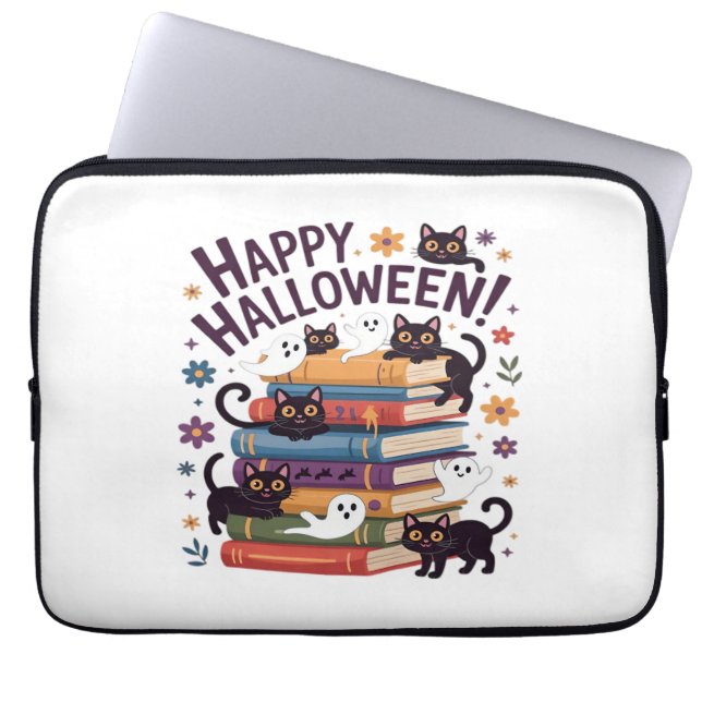Ghost Cat Reading Books Lover Gifts Halloween Spoo Laptop Sleeve (Front)