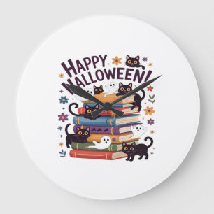 Ghost Cat Reading Books Lover Gifts Halloween Spoo Large Clock