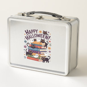 Ghost Cat Reading Books Lover Gifts Halloween Spoo Metal Lunch Box